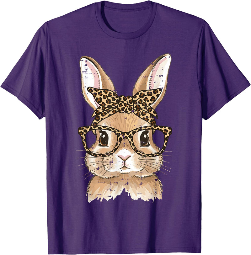 Easter Bunny Leopard Glasses Bandana Rabbit Women Girls Kids T-Shirt in Purple
