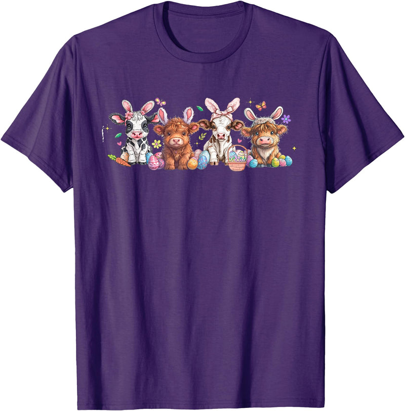 Highland Cow Easter Day Tee Women Highland Cow Bunny Easter Day Cute Cow Easter Day T-Shirt - Purple