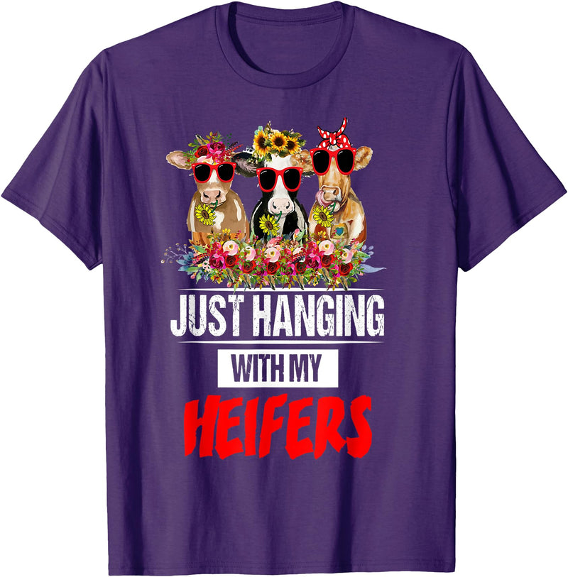 Women's Funny Cows Heifer Farm Animal Just Hanging With My Heifers Cow Farm Animal Lovers Funny T-Shirt - Purple