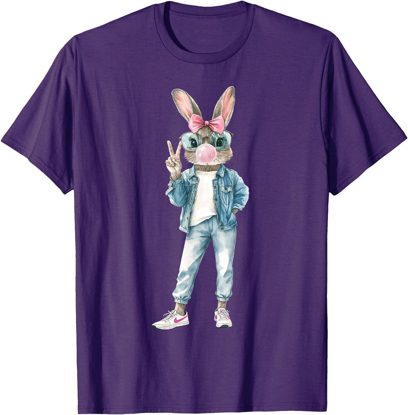 Funny Bunny Sunglasses Rabbit Coquette Bow Easter Trendy T-Shirt in Purple
