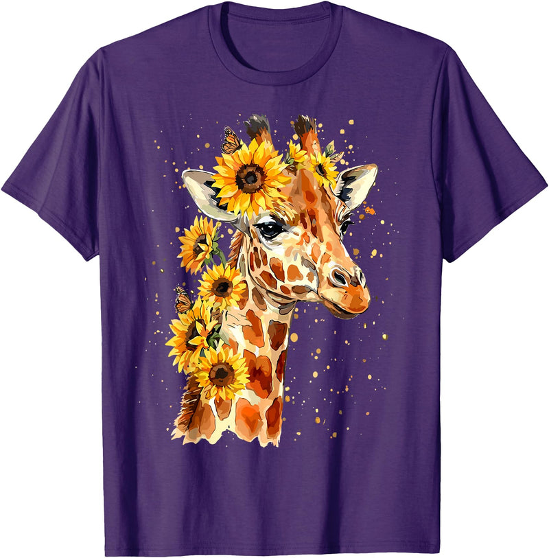 Funny Girl who loves Giraffe Sunflower Giraffe Cute Floral Safari Animal T-Shirt - Purple