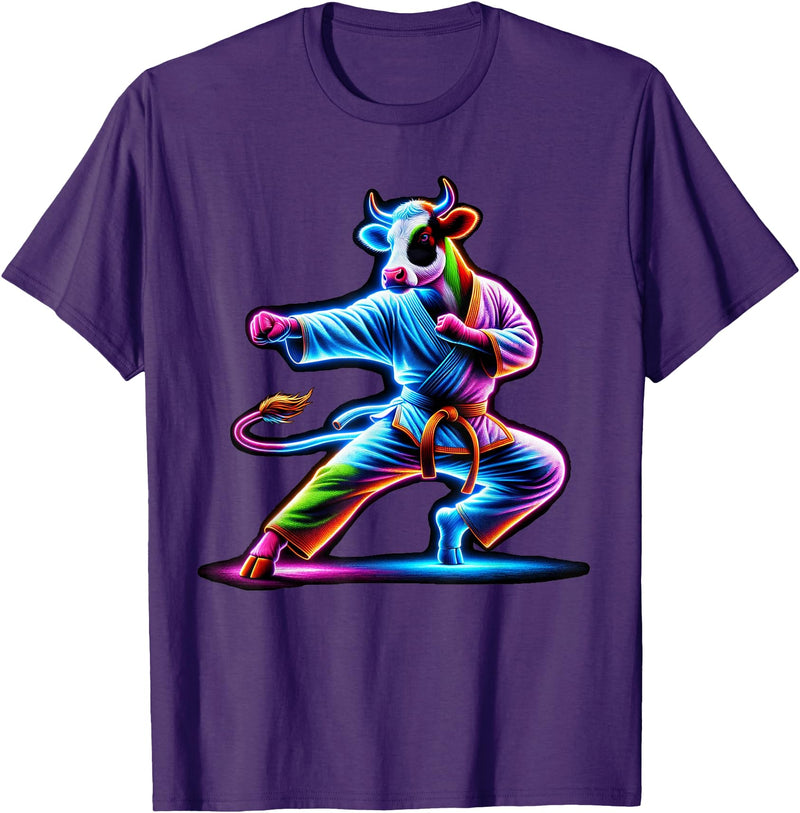 Cow Karate Black Belt Apparel Cow Karate Kick Punch Cute Funny Cool Martial Arts Cow T-Shirt - Purple