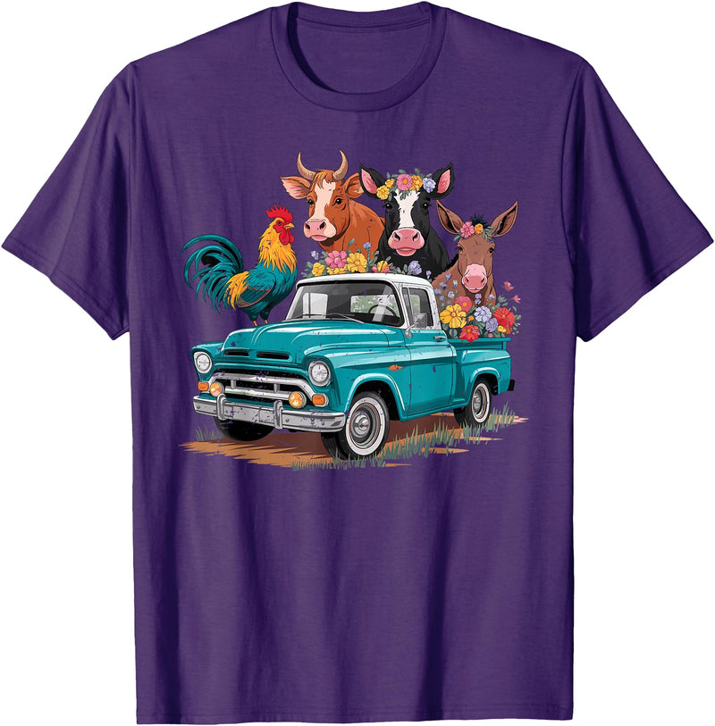 Farm Pickup Truck Farm animals Cow Girl Wife Tee Vintage Pickup Truck Farm Animals Rooster, Cow, Pig, Donkey T-Shirt - Purple