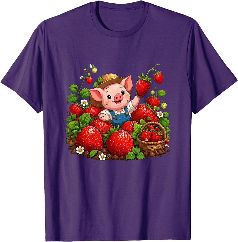 Kawaii Strawberry Piglet Farm Harvest Cute Farmer Pig Strawberry Patch Berry Picking T-Shirt - Purple