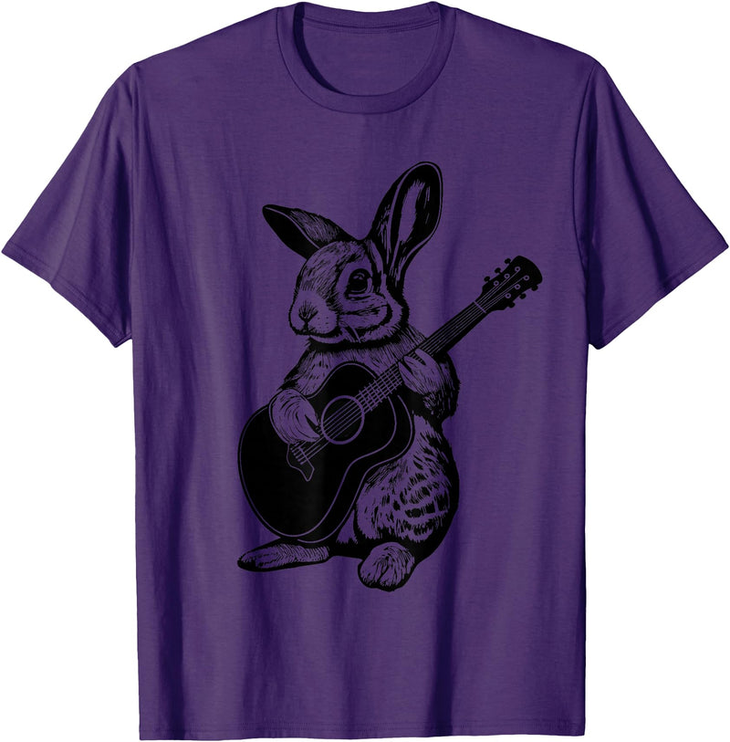 Bunny Playing Acoustic Guitar Easter Rabbit Women, Men, Kids T-Shirt in Purple