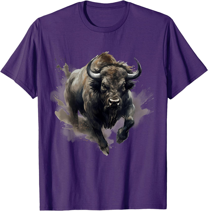 Safari Animal Art Buffalo Animal Print Splash Motif Bison Drawing Wildlife T-Shirt - Purple