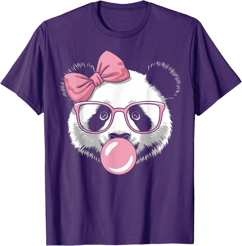 Panda Bear Bubblegum Panda Bear Wearing Glasses and Blowing Pink Bubble Gum T-Shirt - Purple