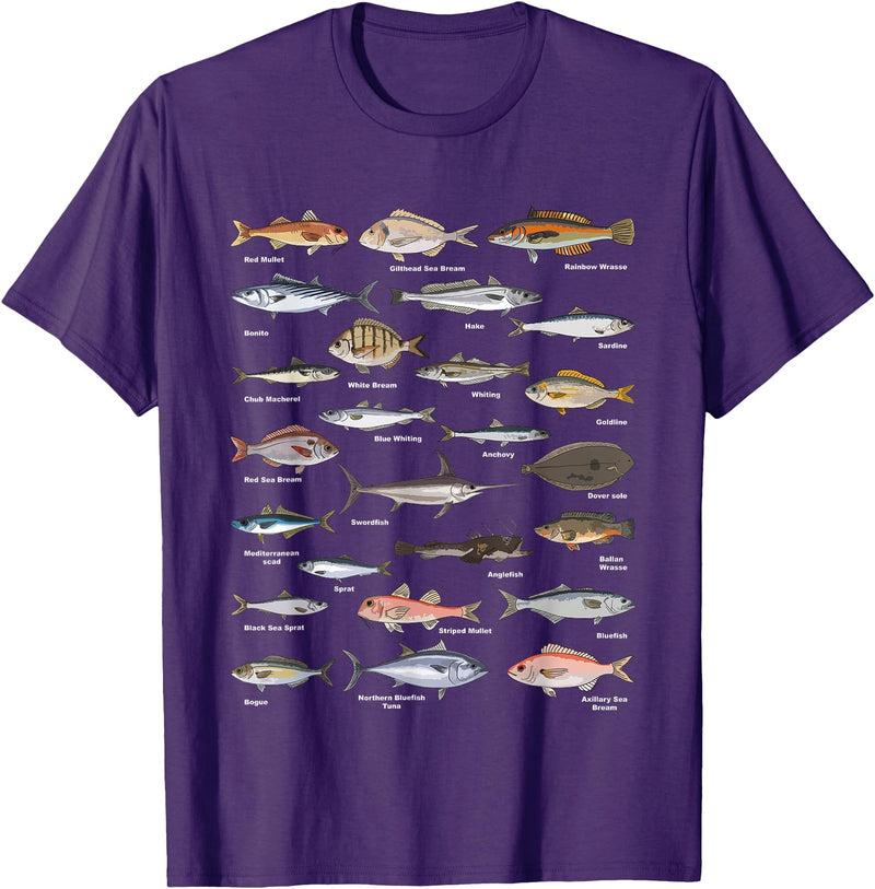 Botanical Chart Apparel Co. Vintage Fish Identification Chart Fishing T-Shirt Small - Purple