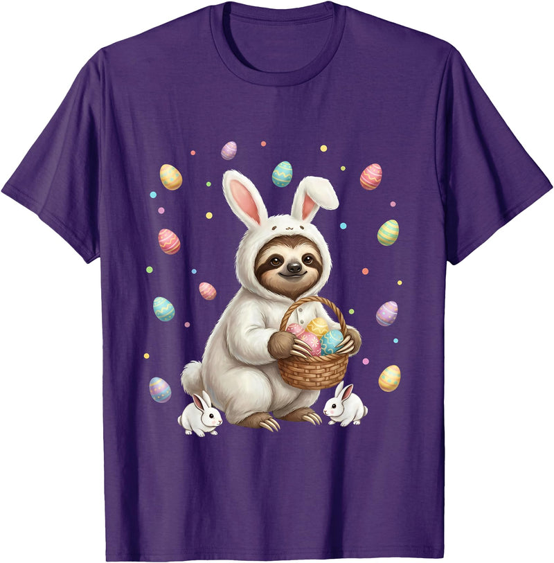 Cute Easter Bunny Rabbit with Eggs Whimsical Sloth Design T-Shirt in Purple