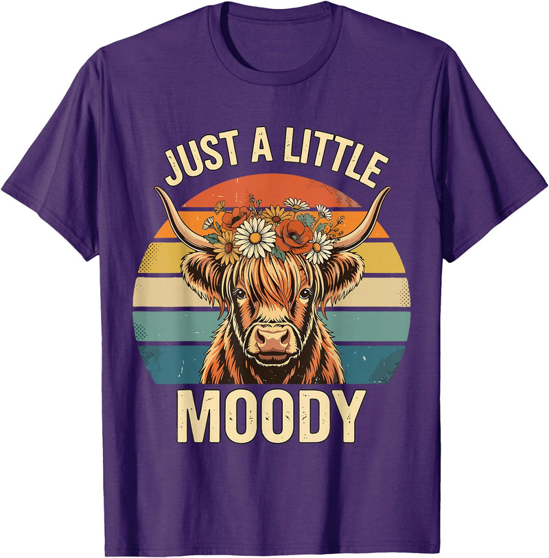 Just A Little Moody Funny Cow Tee Highland Cow Vintage Flower Funny Farm Farmer T-Shirt - Purple