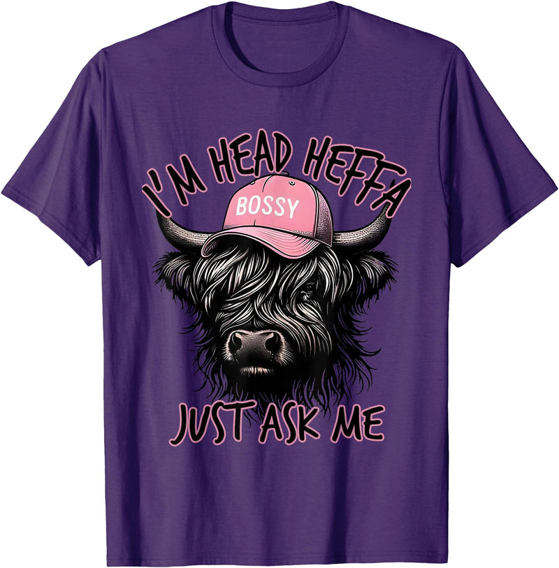 Cool Funny Gag Gifts Design Tee for Men Women I'm Head Heffa Just Ask Me Bossy Highland Cow Baseball Cap T-Shirt - Purple