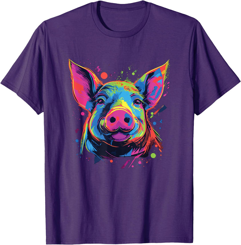 Retro Pig Poparts Tees Watercolor Colorful Pig T-Shirt - Purple