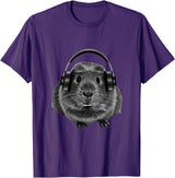 ROSS BOSS Funny Guinea Pig Graphic Tees Guinea Pig Shirt Headphones T-Shirt - Purple