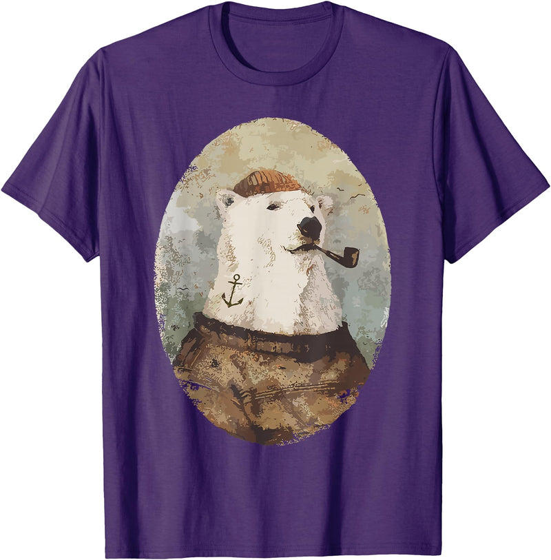 Polar bear Sailor Oil paint Inspired Cool Captain Polar Bear T-Shirt - Purple