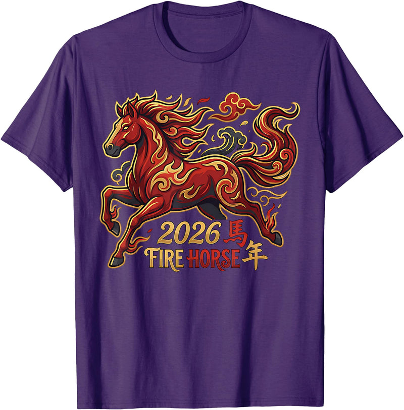chinese new year outfits firehorse 2026 Chinese New Year of The Horse 2026 Fire Horse China Lunar T-Shirt - Purple
