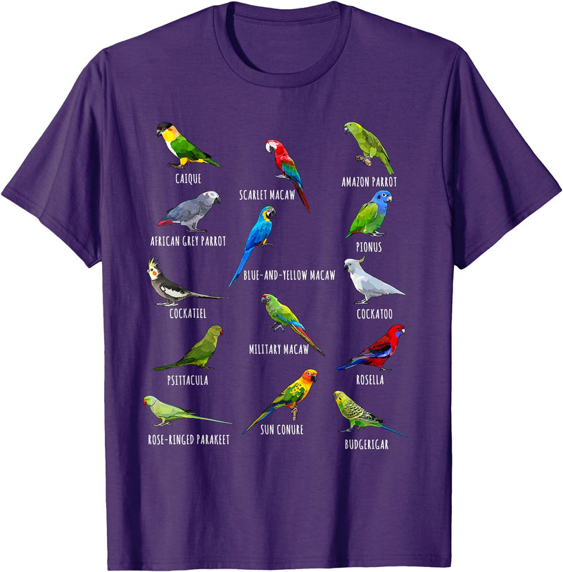 Do You Know Birds Co. Different Parrot Species Biology Types Bird Identification T-Shirt - Purple