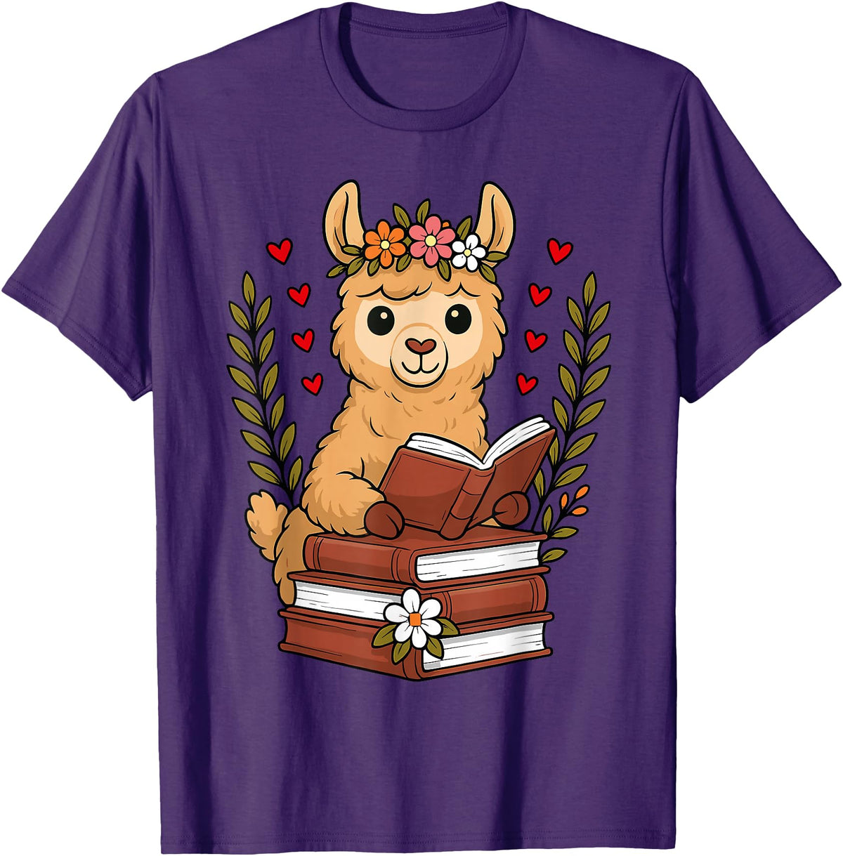 Bookworm Cute Llama Reading Book Llama Reading Book Graphic Llama with Book Floral T-Shirt - Purple