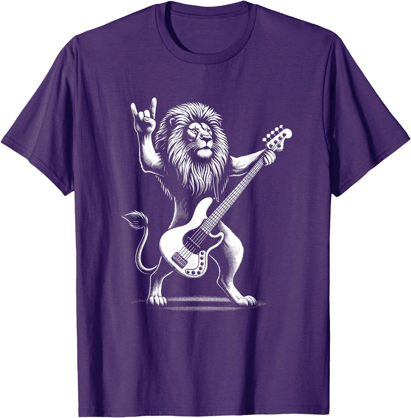 Funny Guitar Lion Lovers Costume for Guitarist Rock n Roll Lion Playing Guitar Funny Men Women Lion T-Shirt - Purple