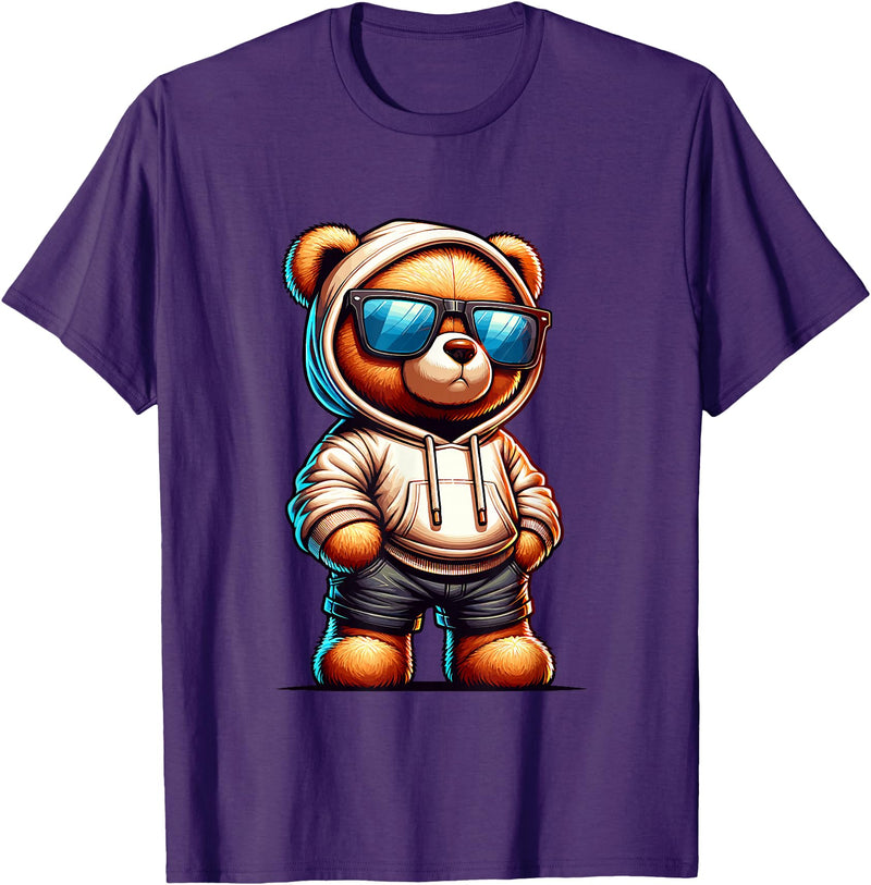 Rappers Aesthetic Urban Teddy Bear Graphic Hip Hop Teddy Bear Graphic Bears Cool Hip Hop Streetwear Colorful T-Shirt - Purple