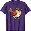 Chipper Feather Co Bird: Sparrow in Sunglasses, Cool Cartoon Avian Attitude T-Shirt - Purple