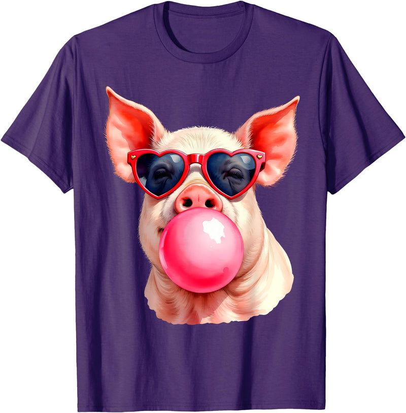 Pig Humor Designs Womens Pig Blowing Bubble Funny Pig T-Shirt - Purple