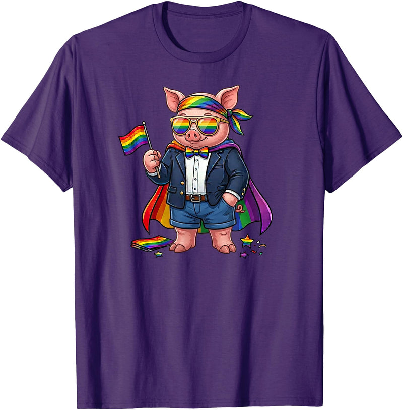 LGBTQ Pig Lovers Costume for Boy Girl Funny Pig LGBT Rainbow Lesbian Gay Pride Women Men T-Shirt - Purple