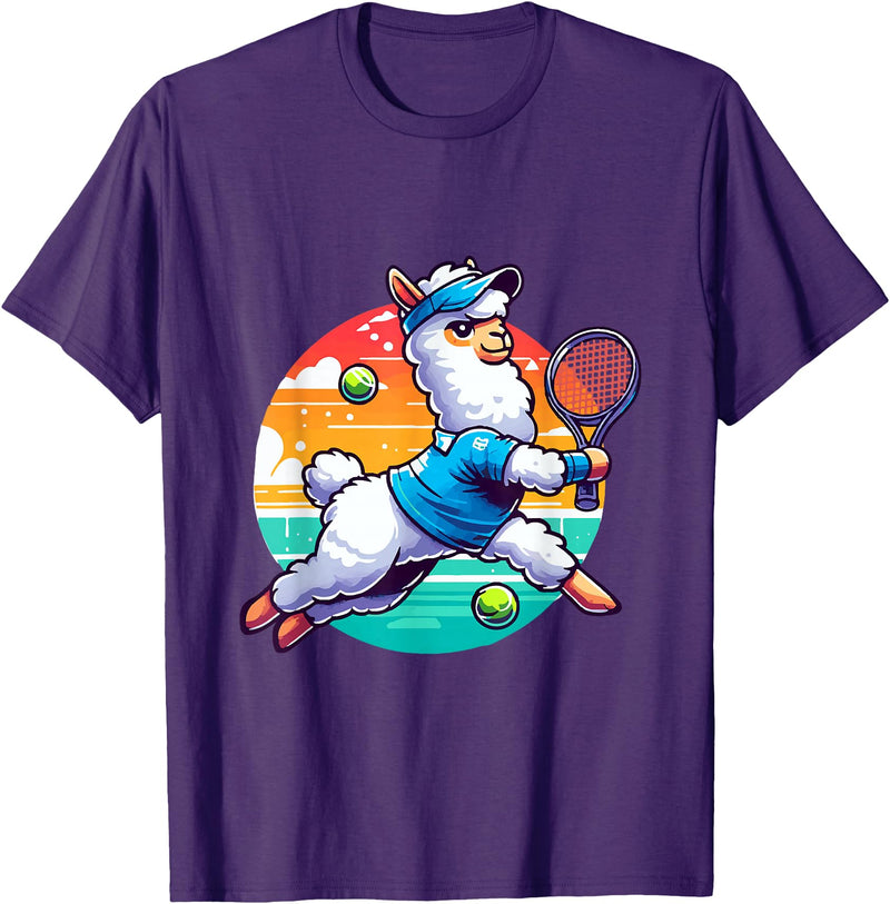 Funny Cute Animals Playing Tennis Apparel Llama Playing Tennis in Front of a Sunset T-Shirt - Purple