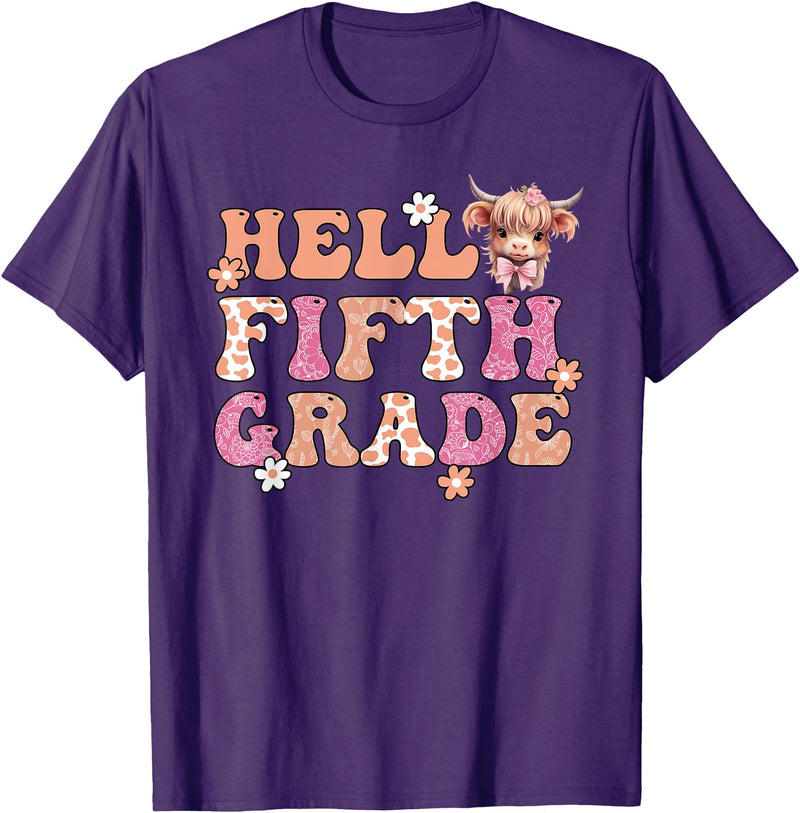 Highland Cow Print First Day of Fifth Grade Tees Hello Fifth Grade Highland Cow Back To School 5th Grade T-Shirt - Purple