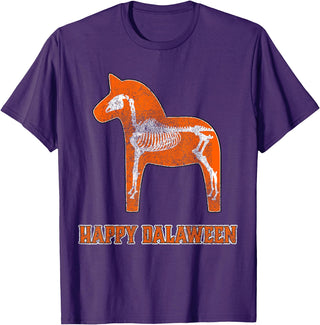 Nordic Emporium Swedish Halloween Happy Dalaween Scary Dala Horse Skeleton T-Shirt - Purple
