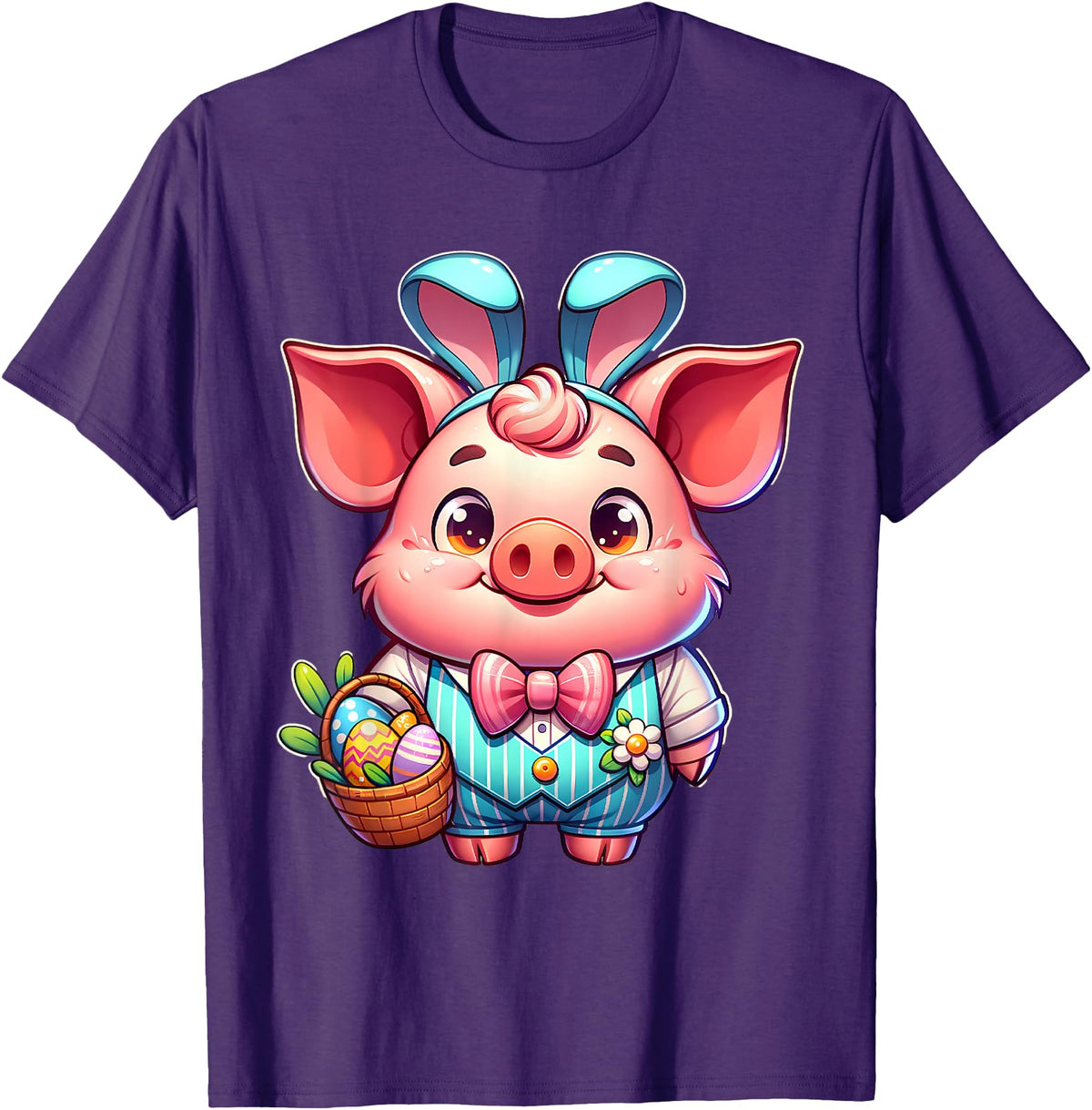 Pig Easter Designs. Easter Pig Bunny Ears Eggs Cute Farm Animal T-Shirt - Purple