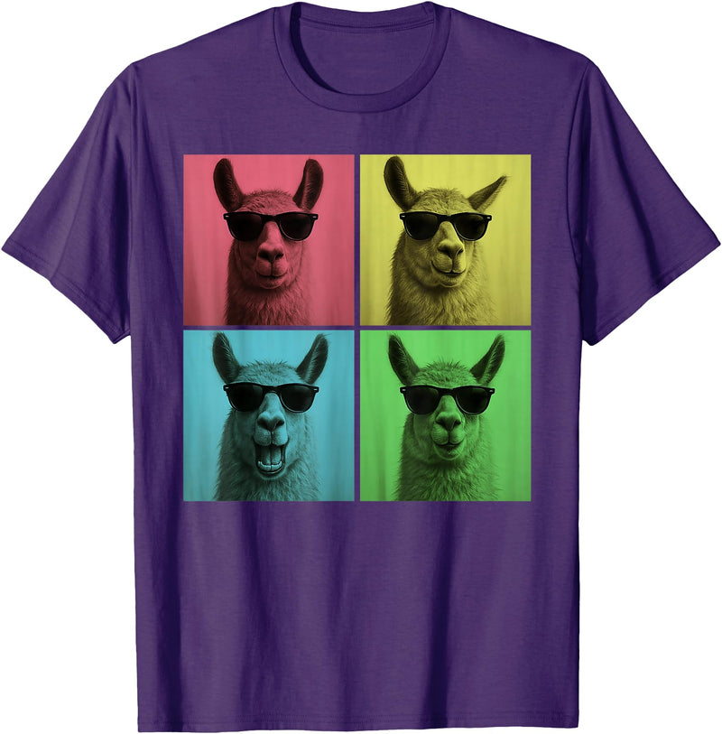 Retro Cute Llama Portrait with Sunglasses Llama Funny Pop Art Llama Lover Photo Booth T-Shirt - Purple
