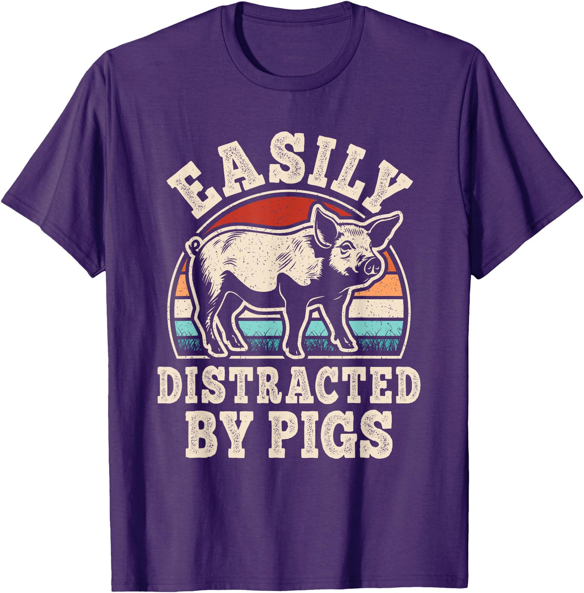 BALARI Easily Distracted by Pigs Funny Retro Pig Farmer Men Women T-Shirt - Purple