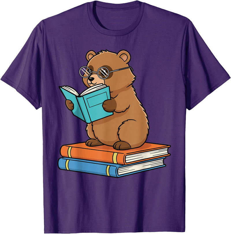 Reading Bear Bookworm Tee Reading Bear Bookworm Cute Bear with Glasses Books T-Shirt - Purple