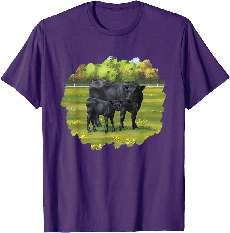 Farm Animal Art by CSForest Black Angus Cow & Cute Calf Farm Animals T-Shirt - Purple