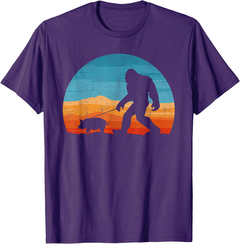 Bigfoot Walking Animal Lover Gifts Bigfoot Walking Pig Sasquatch Pig Lover T-Shirt - Purple
