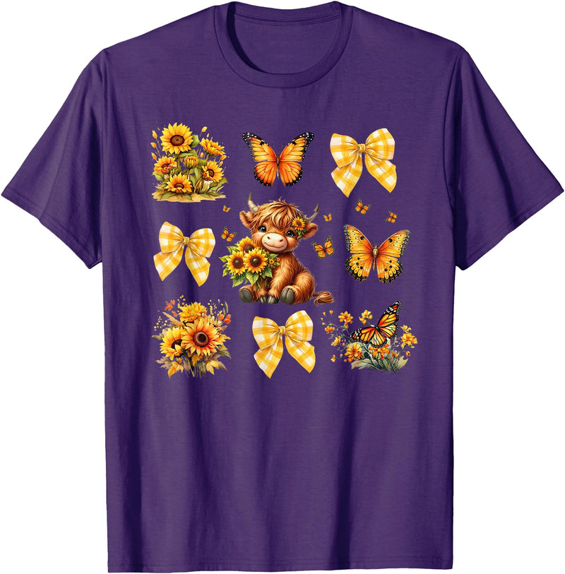 Coquette Bow Scottish Highland Cow Sunflower Shirt Baby Highland Cow With Sunflower Butterflies Farm Western T-Shirt - Purple