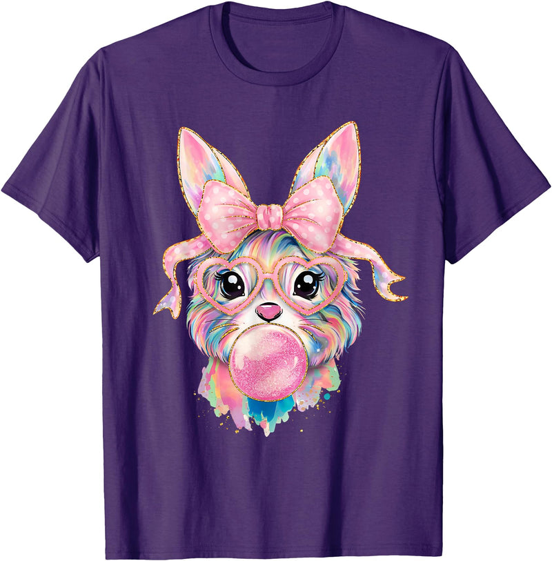 Funny Bunny Face Glasses Rabbit Coquette Bow Easter Trendy T-Shirt in Purple