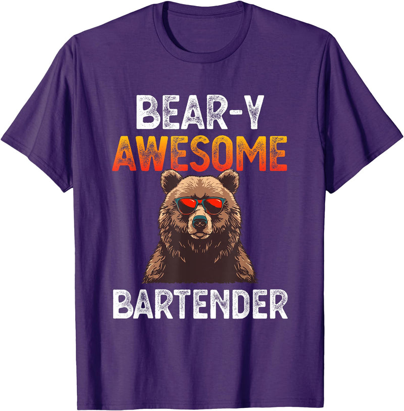 Beary Awesome Bartender Funny Mixologist Vintage Bear-y Awesome Bartender Pun Joke Barman Funny Barkeeper Men T-Shirt - Purple