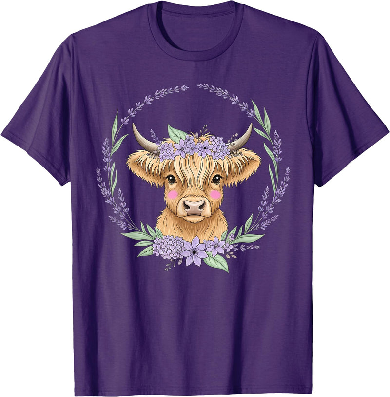 Unique Highland Cow Gifts Girls Cute Baby Highland Cow Design Purple Flowers Farm Toddler T-Shirt - Purple