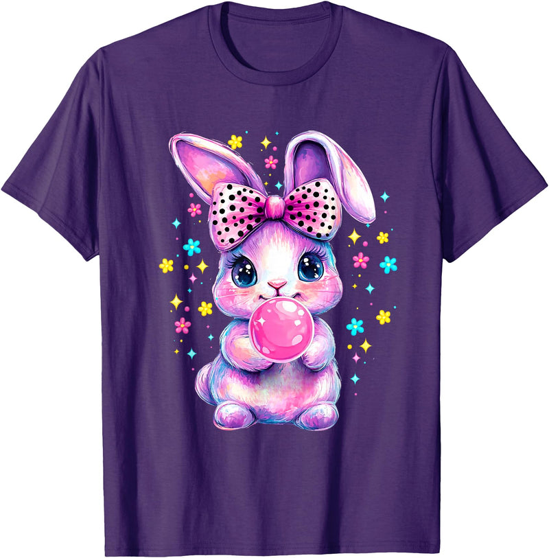 Cute Coquette Bow Tie Dye Rabbit Easter Bunny Girl Kids T-Shirt in Purple