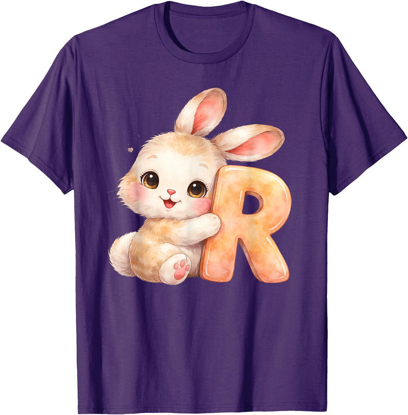 Letter R Rabbit Watercolor Cute Baby Animal Alphabet Initial T-Shirt in Purple