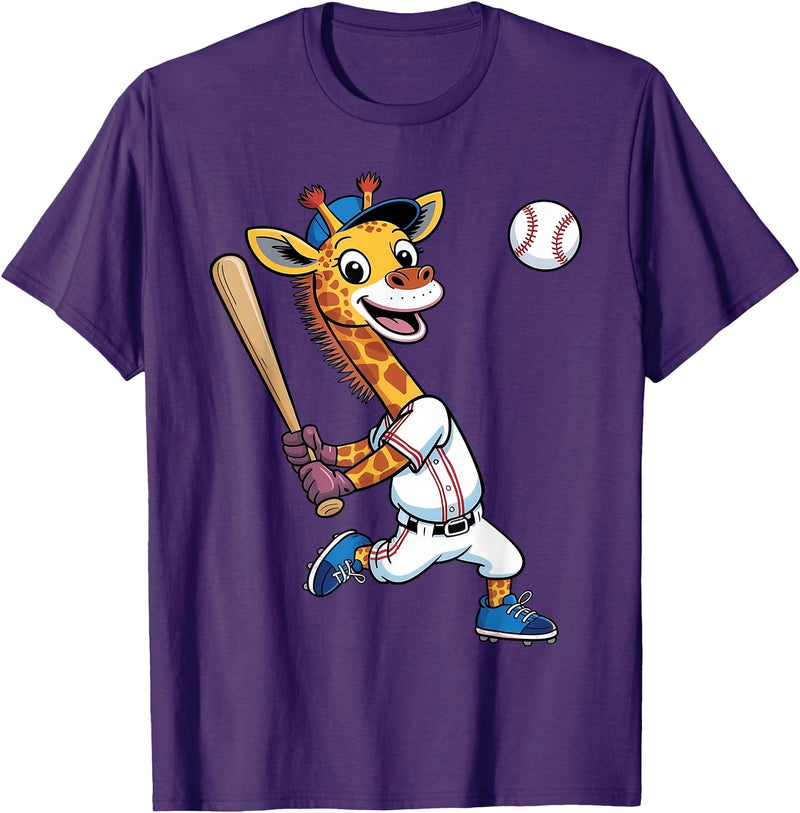Giraffe Baseball Lover Giraffe Playing Baseball Boys Girls Kids Giraffe Animal T-Shirt - Purple