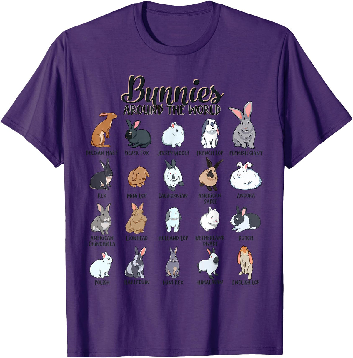 Rabbits in the World - Rabbit Breeds T-Shirt in Purple