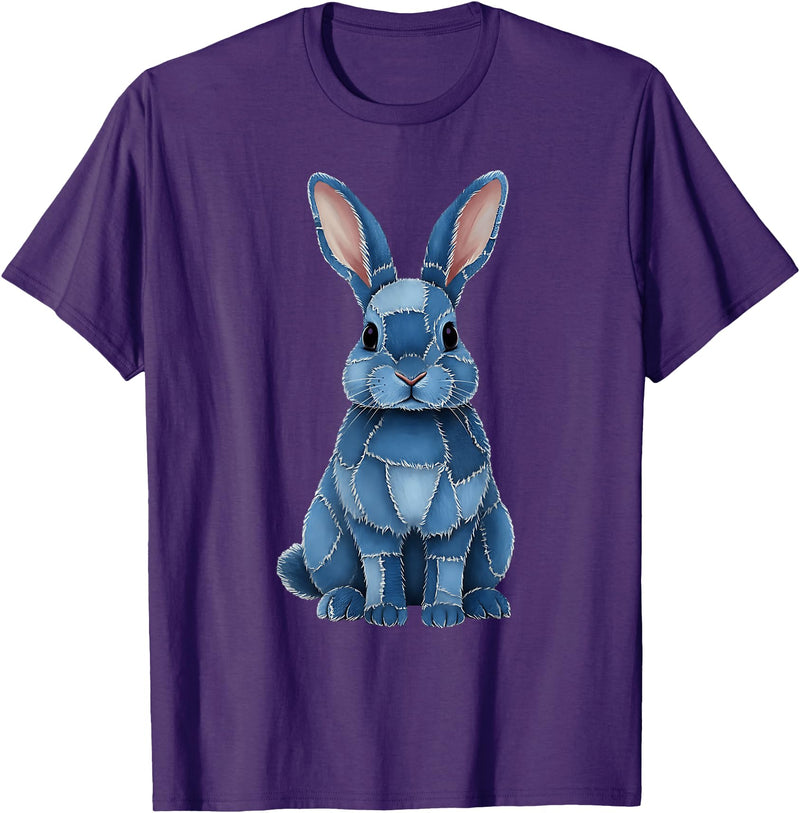 Funny Rabbit Bunny Easter Blue Denim Patchwork Style Animal T-Shirt in Purple