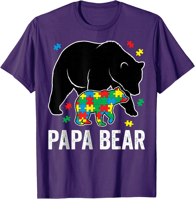 Autism Awareness Neurodiversity Support Apparel Papa Bear Autism Awareness Puzzle Neurodiversity Support T-Shirt - Purple