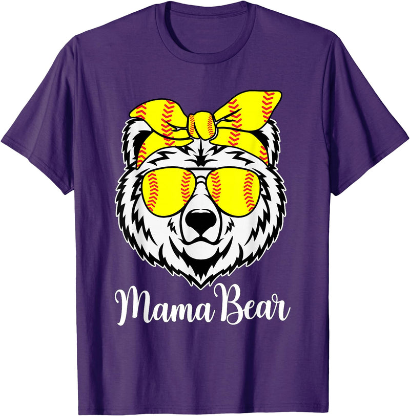 Mama Bear Face Apparel Softball Mama Bear With Sunglasses Bandana Momma Mothers Dy T-Shirt - Purple