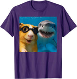 Selfie Guinea Pig and Shark Summer Scuba Diving Funny Guinea Pig Selfie with Shark Ocean Lovers T-Shirt - Purple