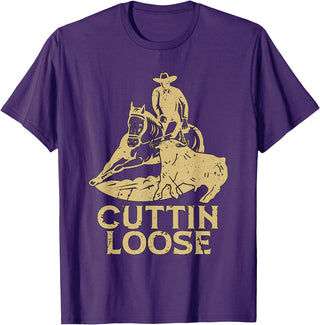 Cutting Horse Designs for Horseman Cuttin Loose Loves Western Horse Riding Cowboy Cutting Horse T-Shirt - Purple