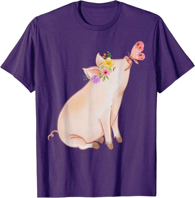 Watercolor Pink Pig With Floral And Butterfly Farm Design T-Shirt - Purple
