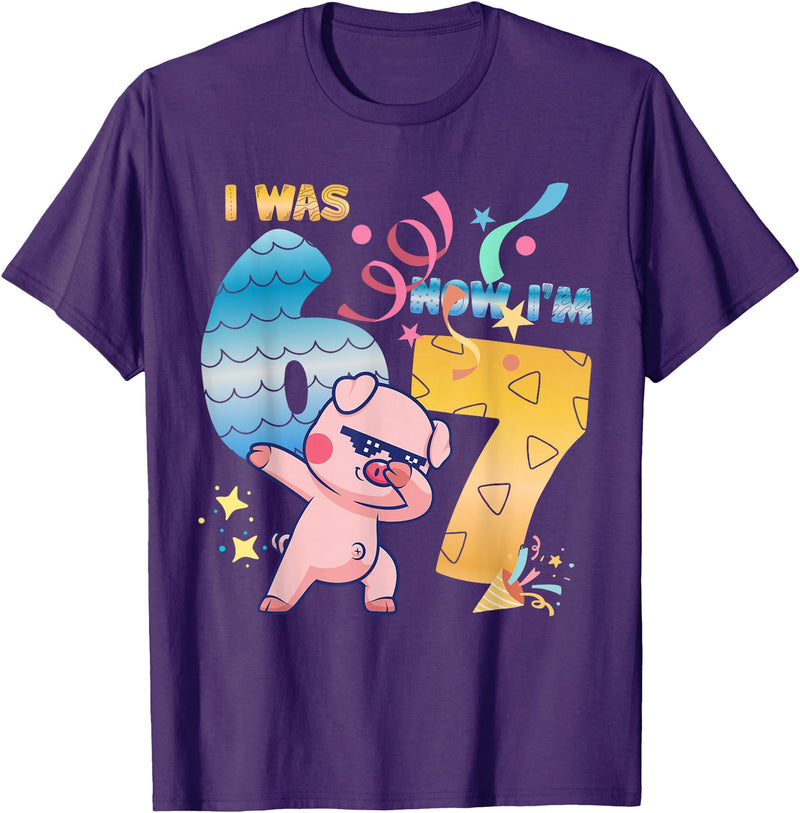 Funny 7th Birthday 6-7 Meme Pig Shir-t Kids Gift I was 6 Now I'm 7 Funny 67 Birthday Kids Boys Dabbing Pig T-Shirt - Purple